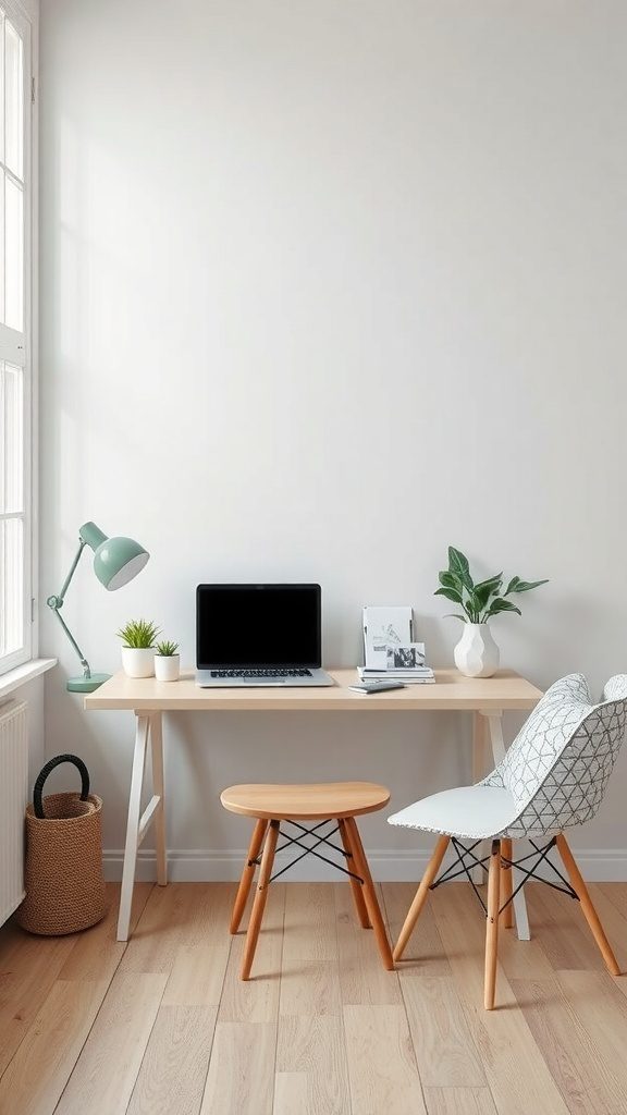 A minimalist desk arrangement featuring a light wood desk, laptop, stylish lamp, and a small plant.