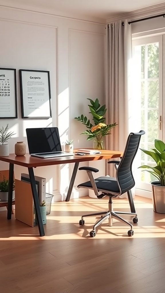 A bright, well-organized home office featuring a desk, laptop, ergonomic chair, and vibrant plants.