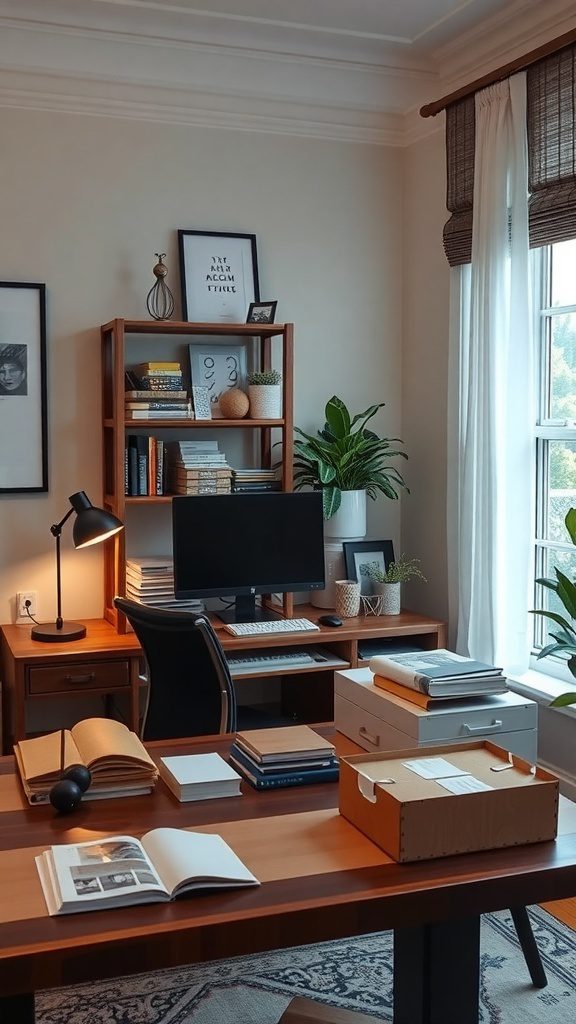 A well-organized desk featuring a computer, books, and plants, demonstrating an effective system for paper management.