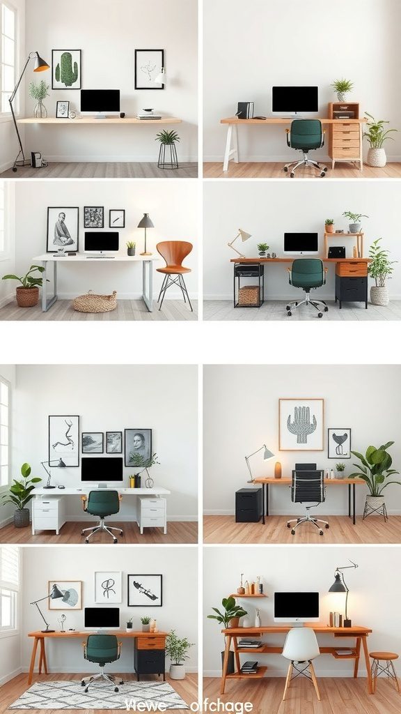 A compilation of various desk setups featuring different sizes and styles, complemented by plants and artwork.