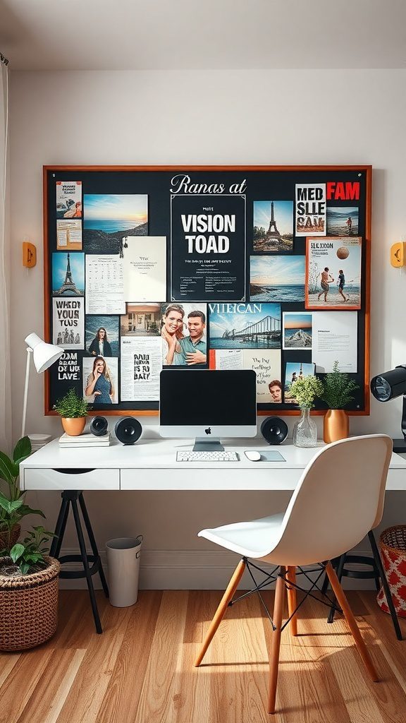 An immaculate desk displaying a vision board filled with images and quotes for motivation.