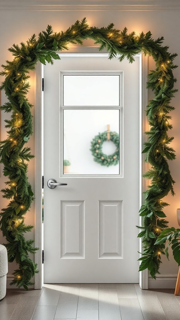 A white front door framed with lush evergreen garlands and warm lights, creating a cozy winter entrance.
