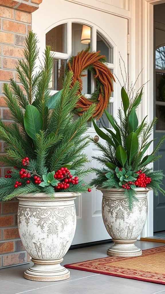 Two decorative planters with winter greens and red berries beside a front door.