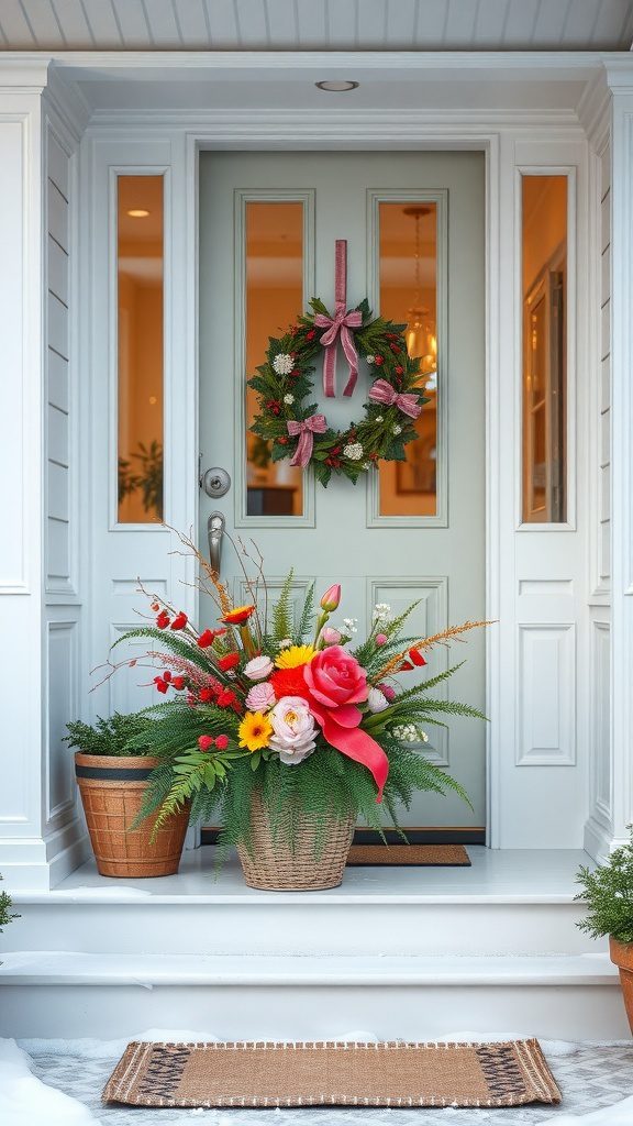 A winter front door with a floral arrangement and wreath