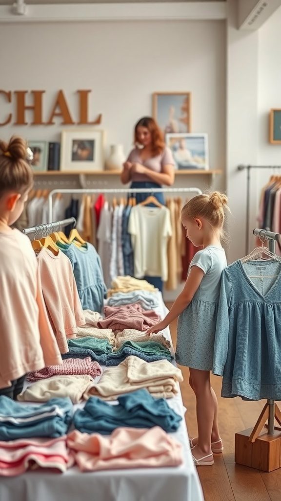 A clothing swap event with kids exploring organized clothes on tables