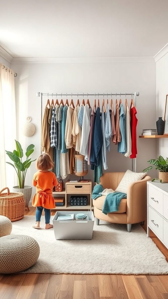 A child looking at a well-organized wardrobe with colorful clothes, illustrating the concept of kids' wardrobe organization.