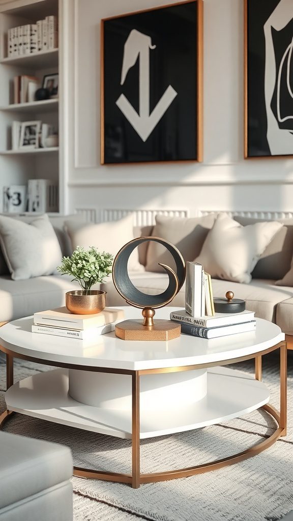 Stylish coffee table with artistic centerpiece and decor