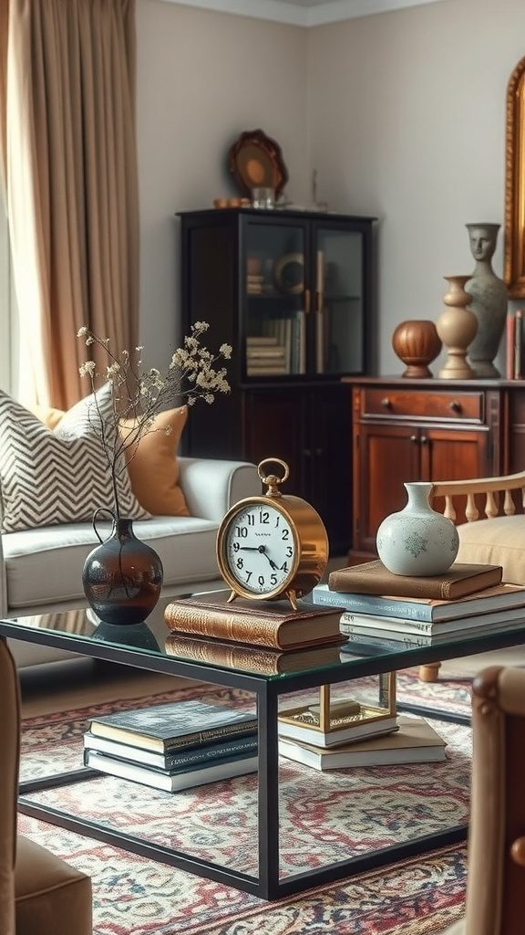 A stylish coffee table with vintage decor including a clock, vases, and stacked books.