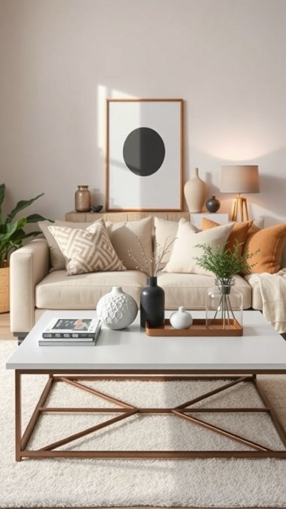A modern living room with a stylish coffee table, decorative items, and a cozy sofa.