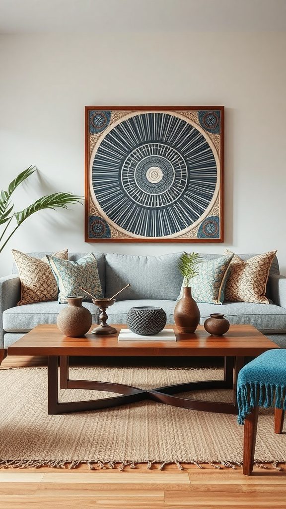 A cozy living room with a coffee table decorated with various cultural items and a large round artwork on the wall.