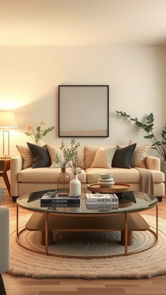 A cozy living room featuring layered lighting with a lamp, a coffee table, and decorative elements.