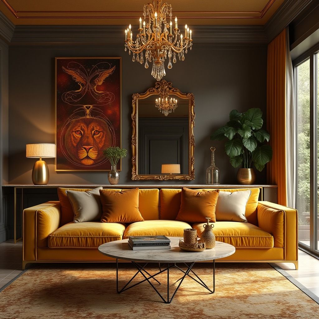 A living room with a mustard yellow sofa, gold accents, and a large painting of a lion's head.