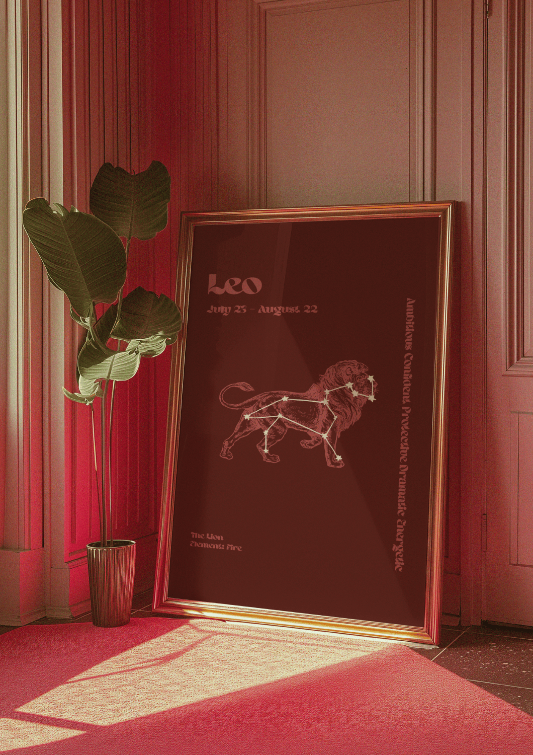 Decorative framed poster for the zodiac sign Leo, featuring a lion illustration and star constellation, leaning against a…