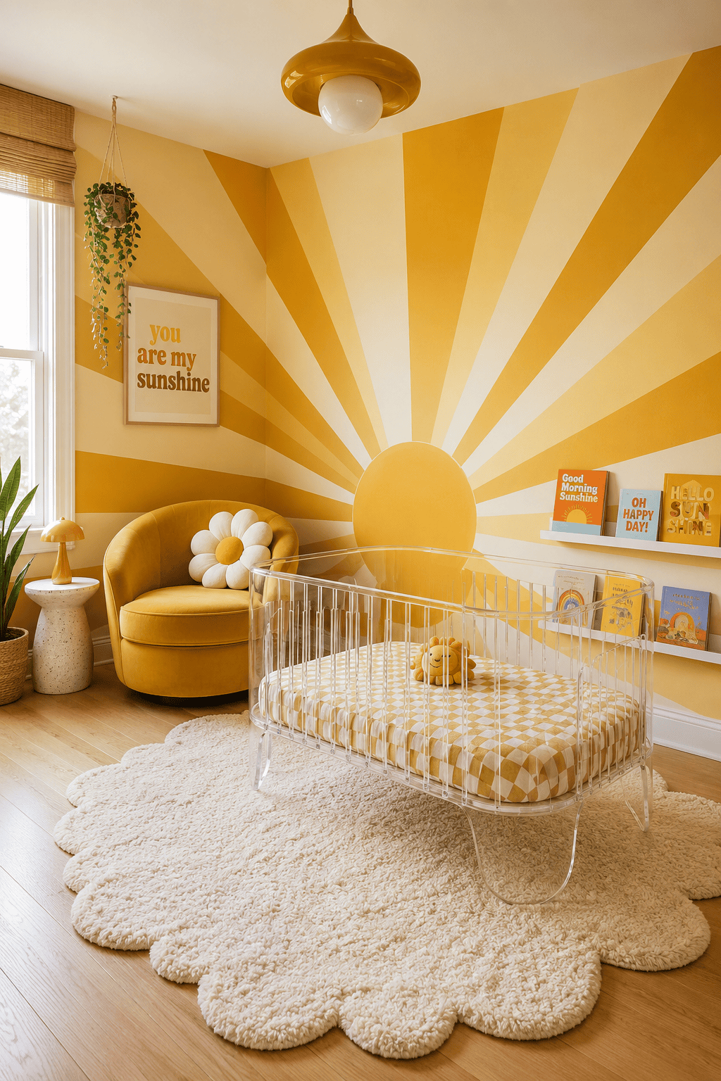 A nursery with a bright yellow sunburst mural on the wall, a clear acrylic crib, and a mustard yellow velvet chair.