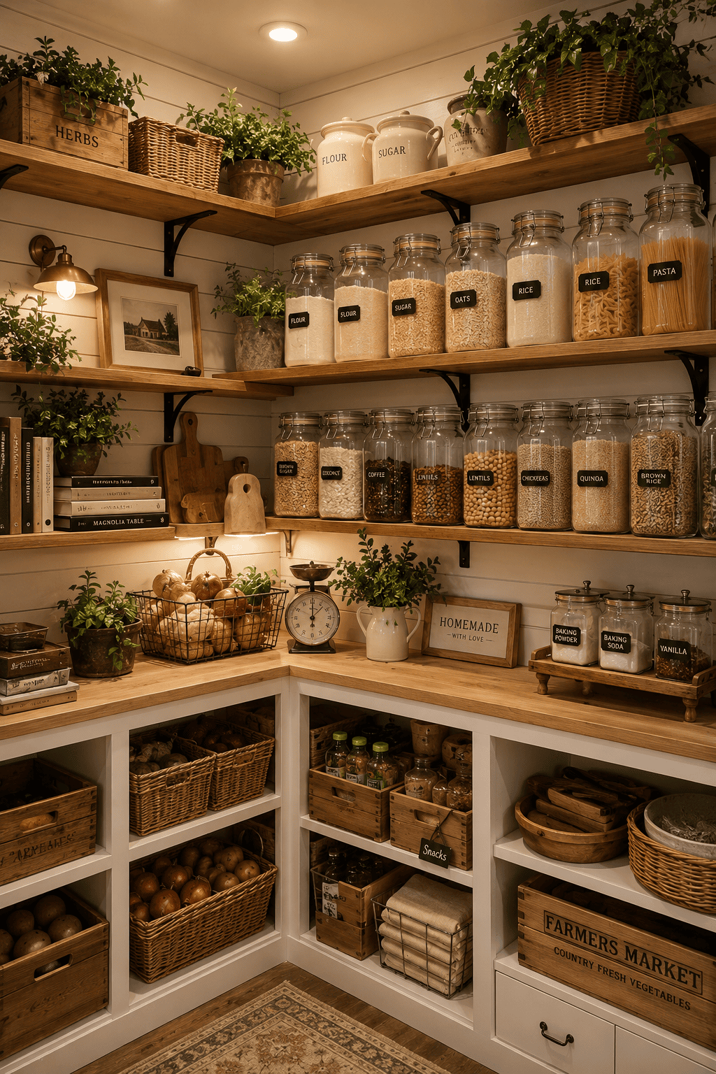 Pantry corner with wooden shelves holding clear glass jars of grains, pasta, and dry goods, all with black labels.