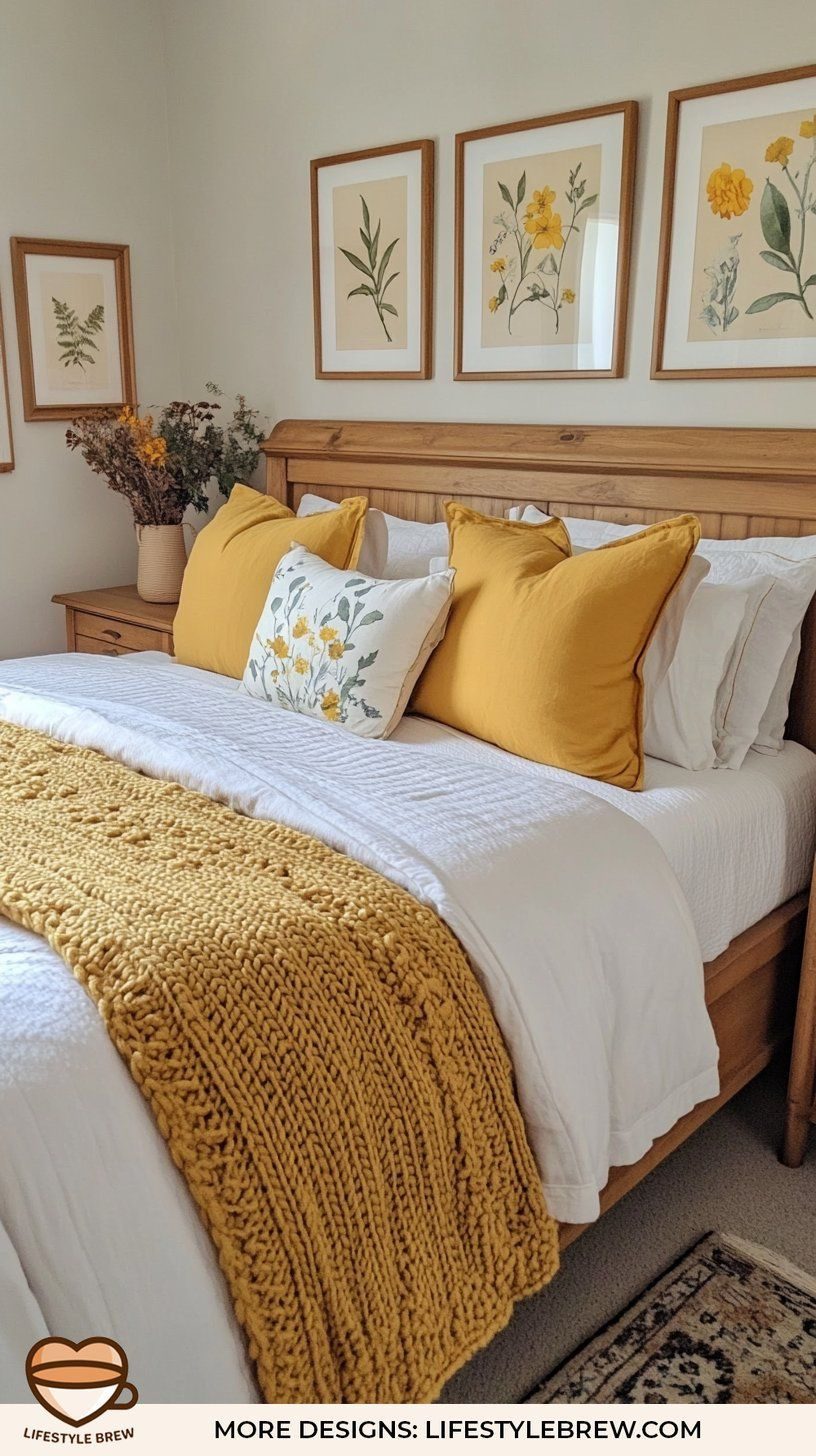 Bedroom features a wooden headboard, white bedding, mustard yellow pillows, a chunky knit throw, and framed botanical prints…