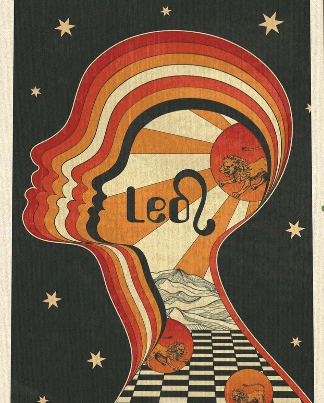 Decorative illustration featuring stacked profiles of human heads on the left, with the word 'Leo' and its zodiac symbol…