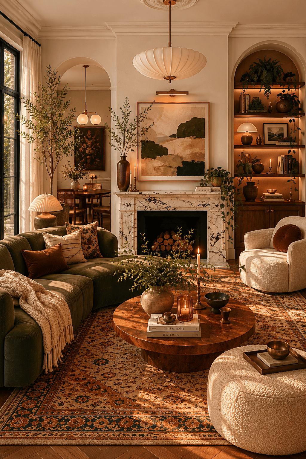 A warm, sunlit living room with a green velvet sofa, a patterned rug, a marble fireplace, and arched shelving with plants…
