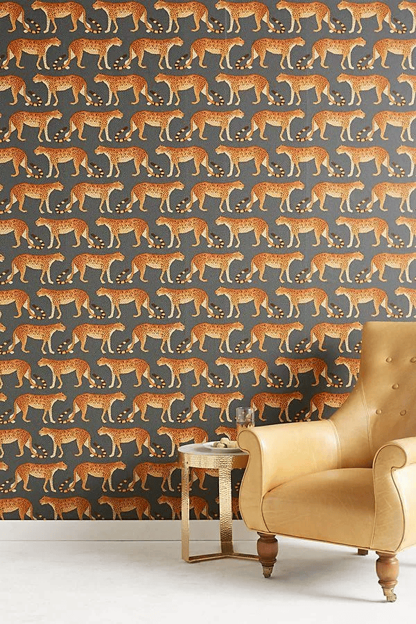 Dark gray wallpaper with a repeating pattern of stylized tan and brown leopards.