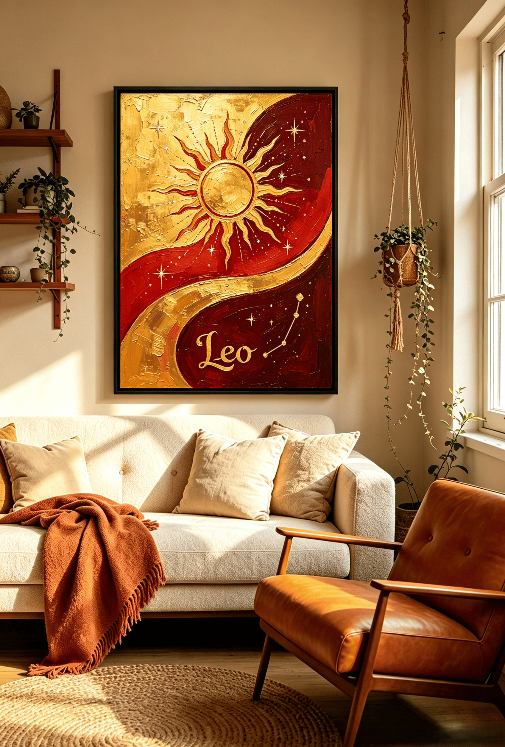 An abstract painting featuring a golden sun, red and gold waves, and the word 'Leo' in a living room over a cream sofa.