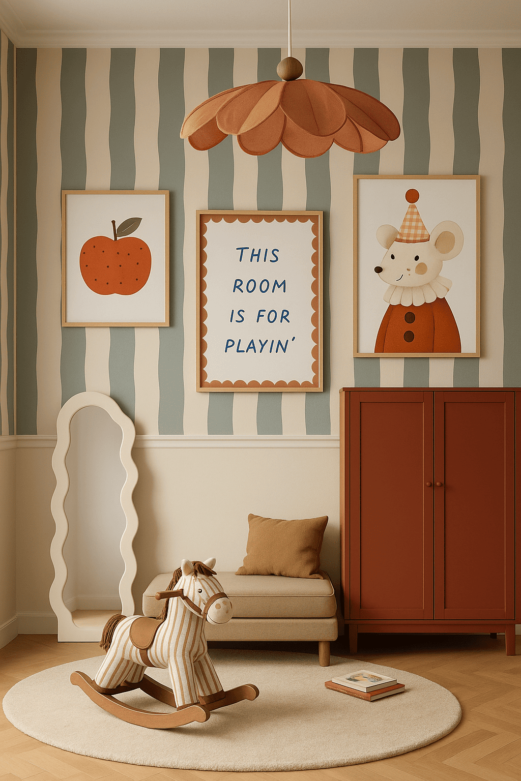 Child's room with framed art prints including an apple and a mouse in a jester outfit, above a toy rocking horse.