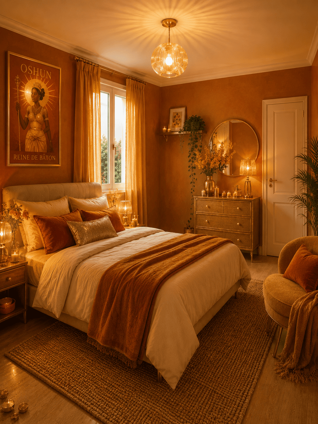 A bedroom decorated in warm tones with a large bed, dresser, and a vibrant art piece on the wall.