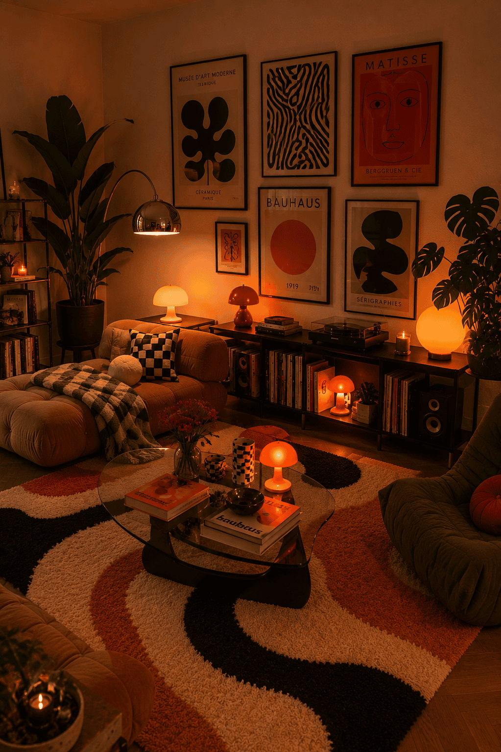 Living room with warm lighting, including a mushroom lamp, floor lamp, and candles, casting a cozy glow over the furniture…