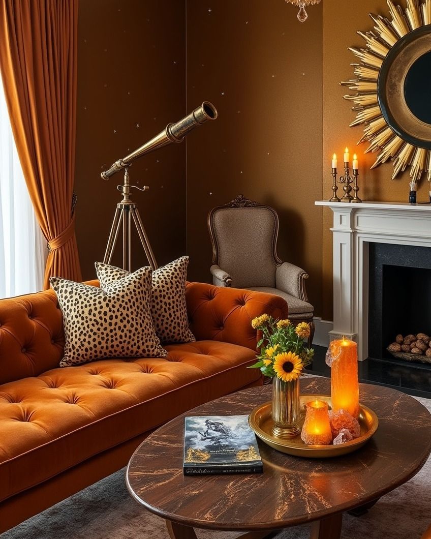 A living room with an orange velvet couch, leopard print pillows, a brass telescope, and a gold sunburst mirror over a…