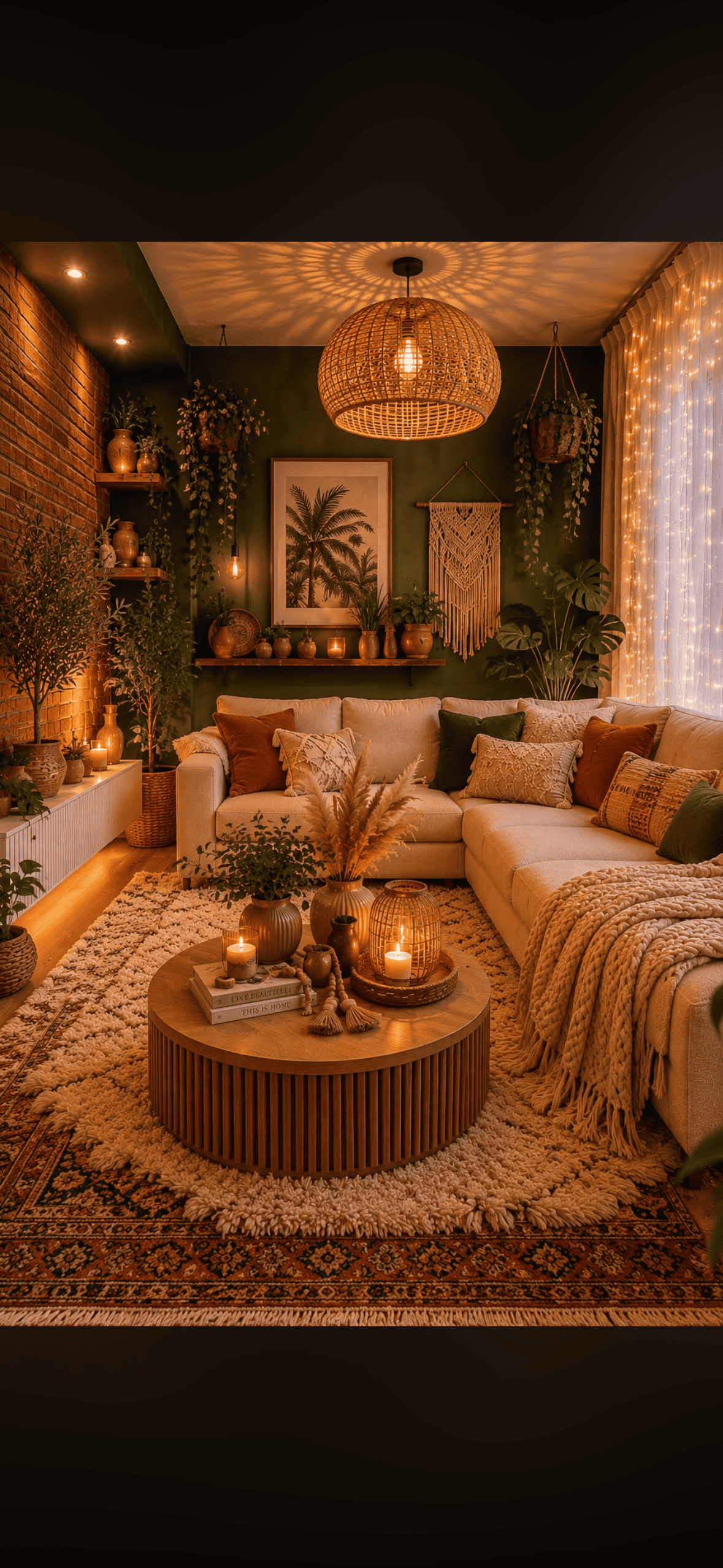 Living room with olive green walls, light beige sectional sofa, and dark wood coffee table. Orange and cream pillows on sofa.