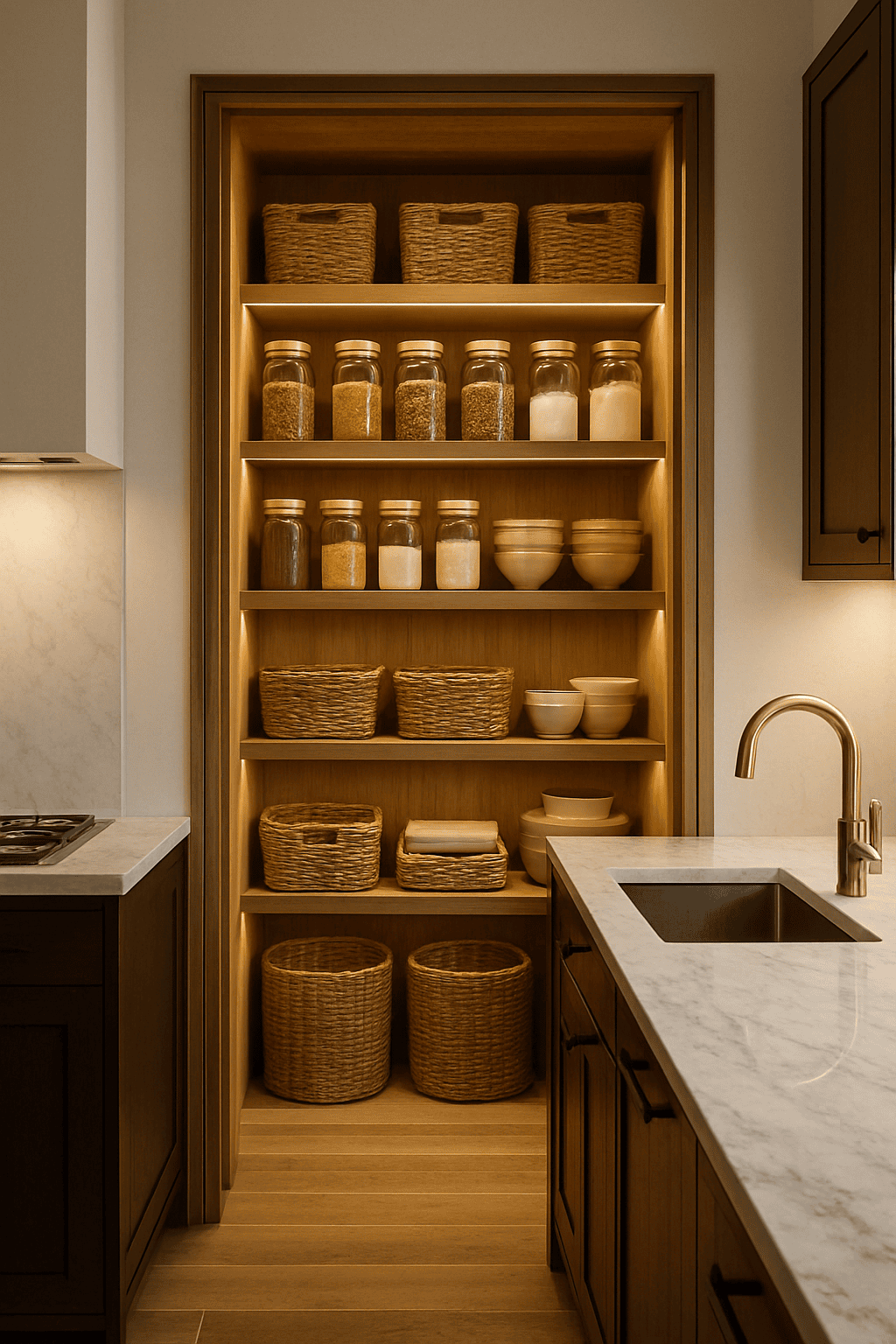 Built-in pantry with light wood shelves, uniform glass jars of dry goods, and various sizes of woven baskets.