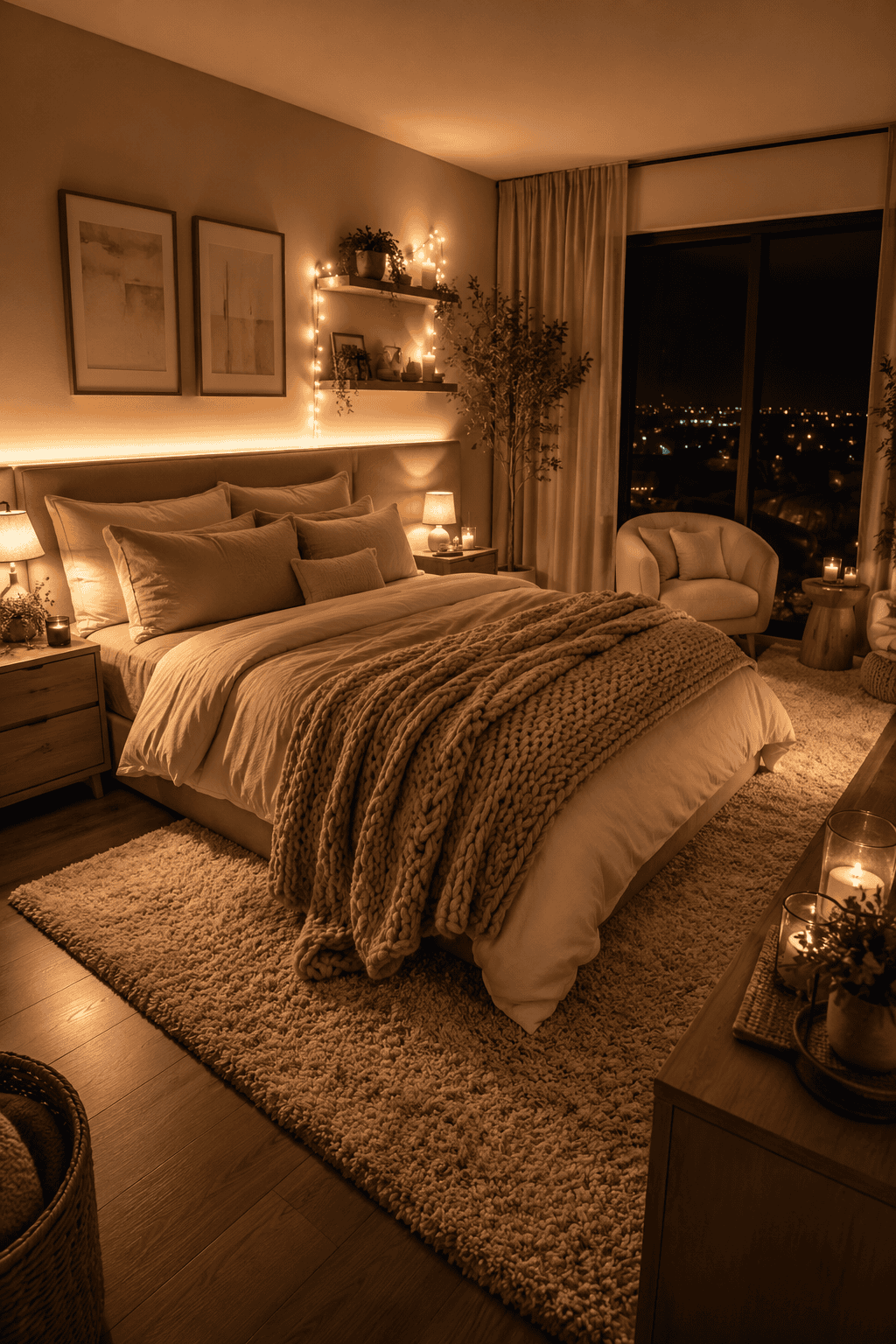 A bedroom at night with soft, warm lighting. Fairy lights adorn shelves above the bed, and lamps illuminate the bedside…