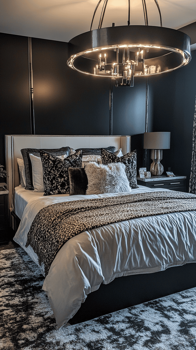 A bedroom features a large, round chandelier and a bed with a cream headboard, leopard print throw, and varied pillows.