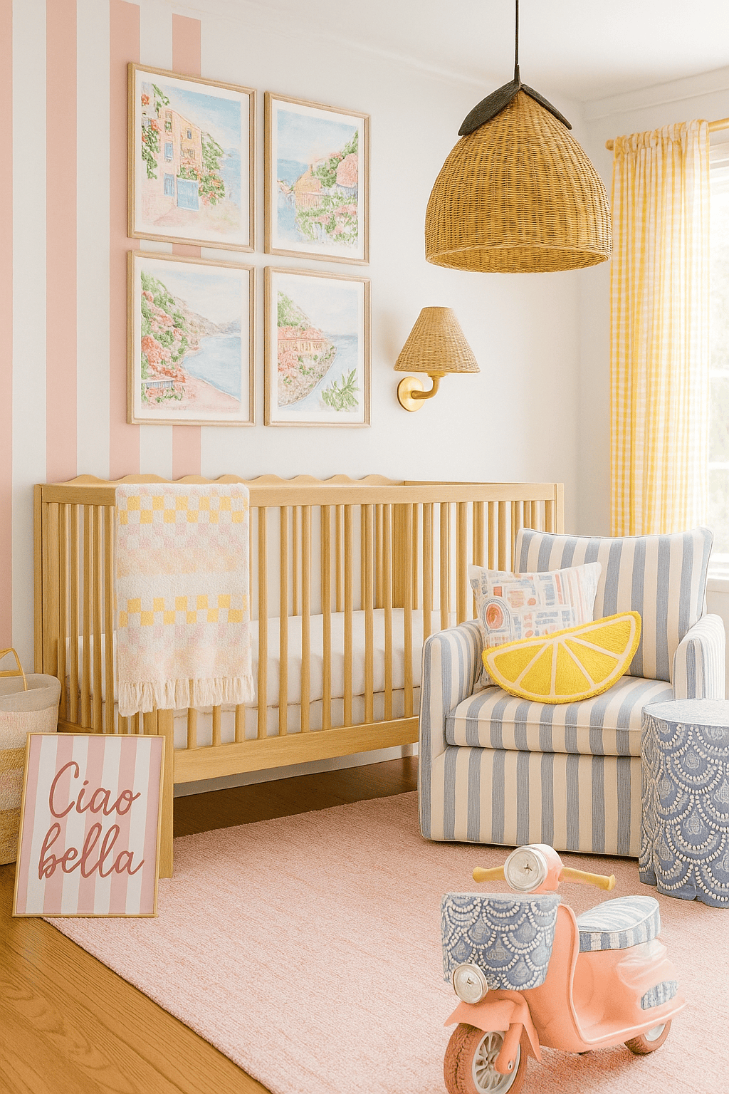 Amalfi coast watercolor prints over an oak crib with wavy top rail, striped pink wallpaper and a wicker lemon pendant light.
