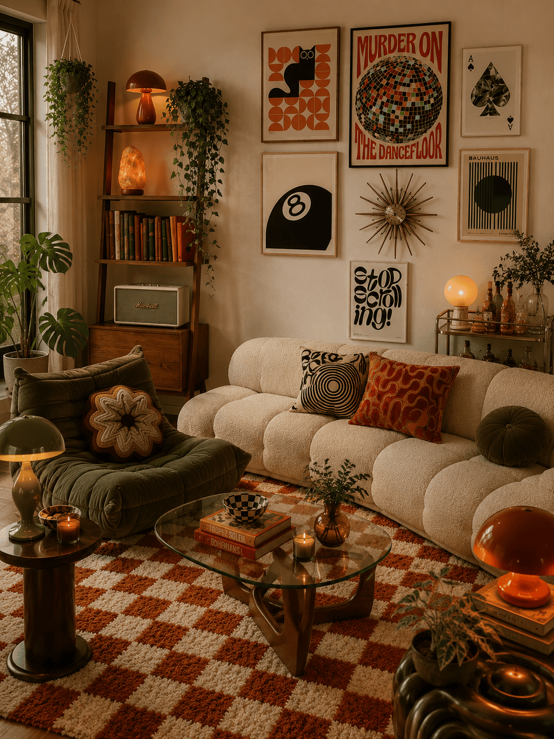 Living room with mid-century modern furniture, a checkered rug, and an eclectic gallery wall with framed art.