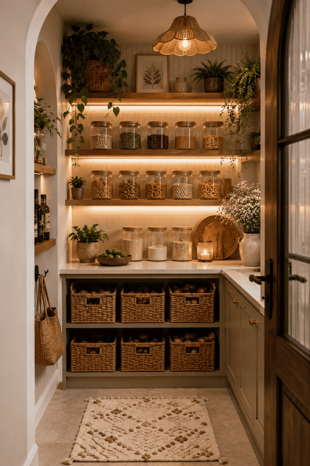 A well-lit pantry with wooden shelves, glass jars, woven baskets, and potted plants, visible through an arched doorway.