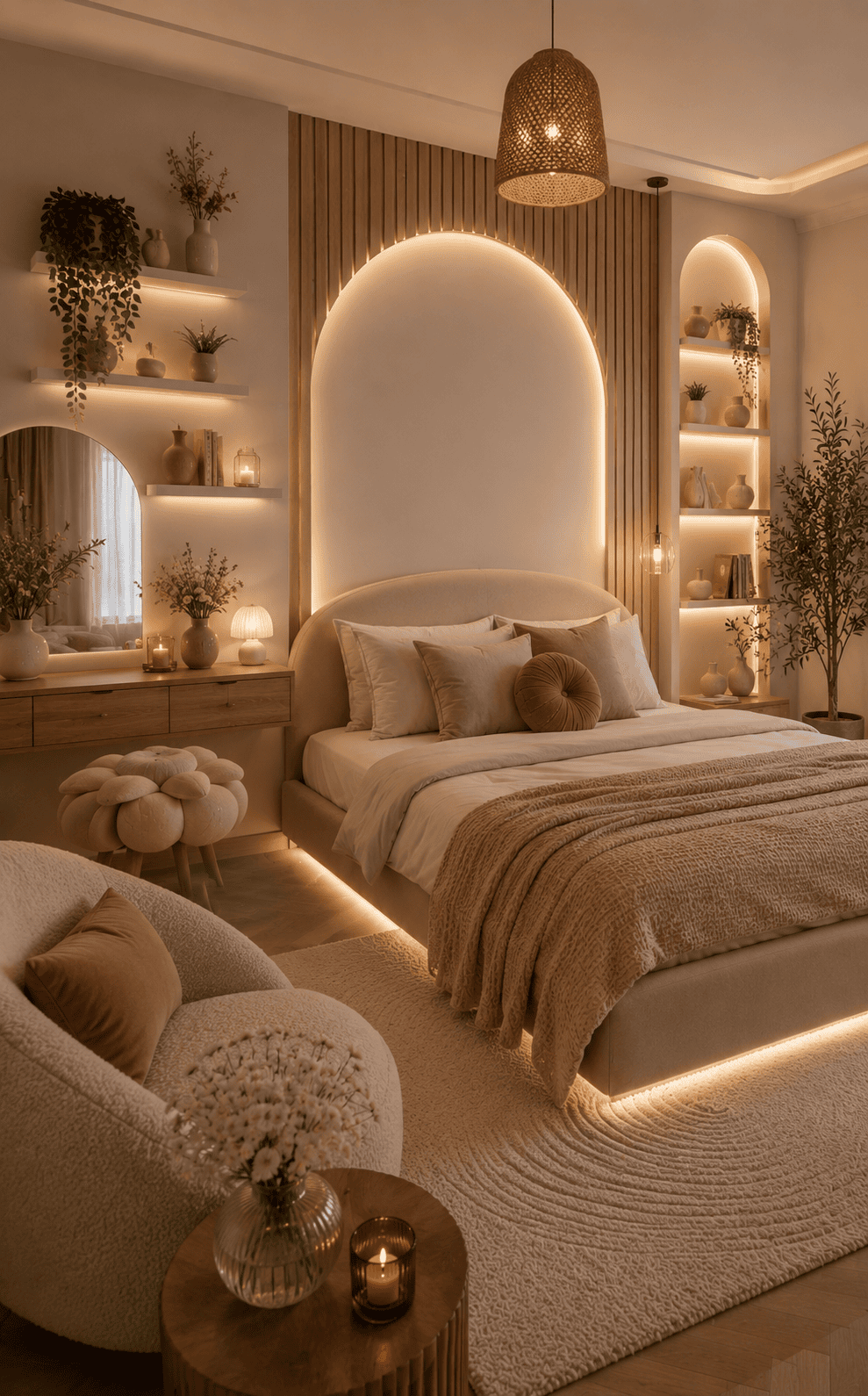 Bedroom with soft lighting under the bed and around an arched headboard and shelves, with natural wood accents and cozy…