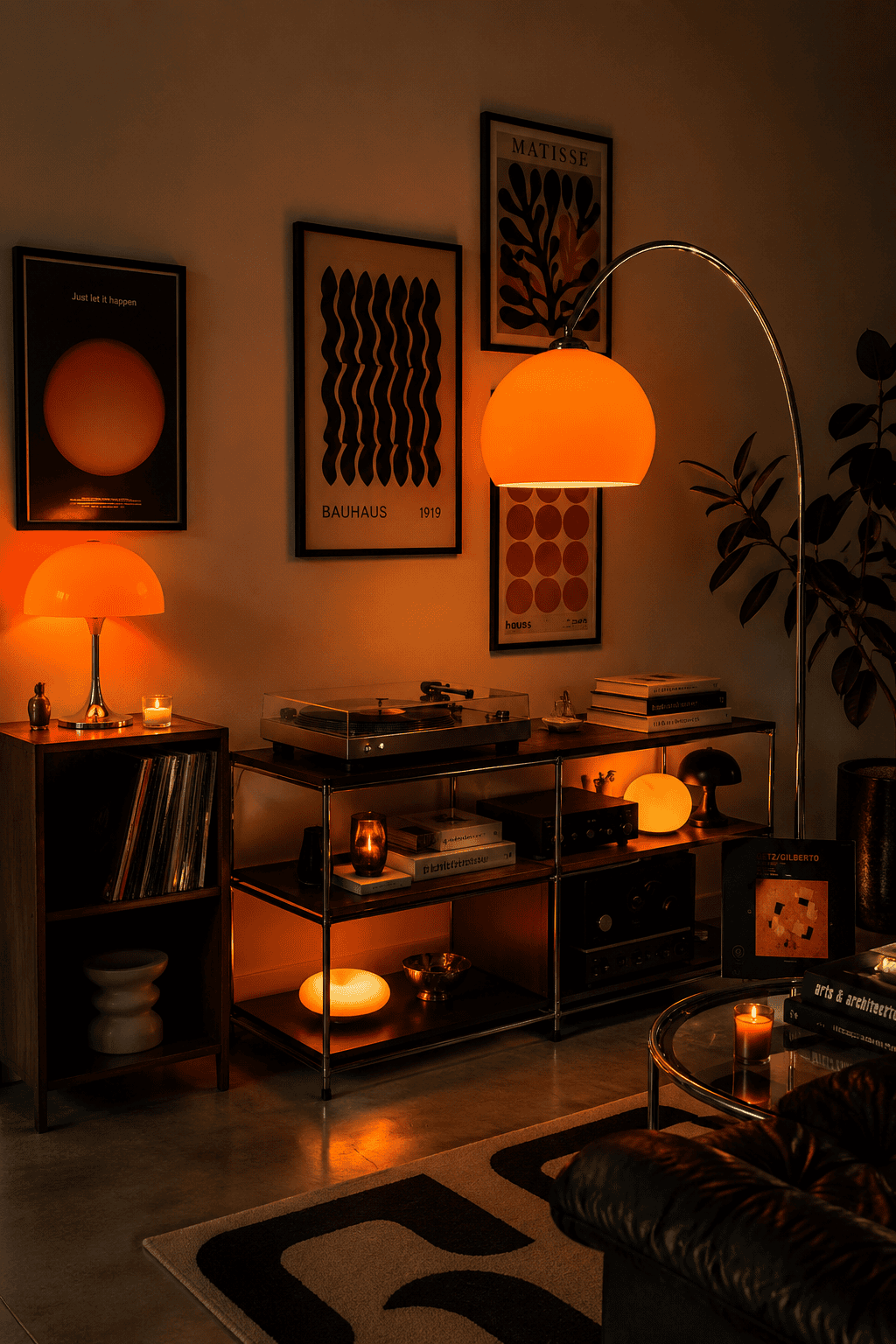 Living room corner at dusk with orange-toned lighting, turntable, and framed art on the wall.