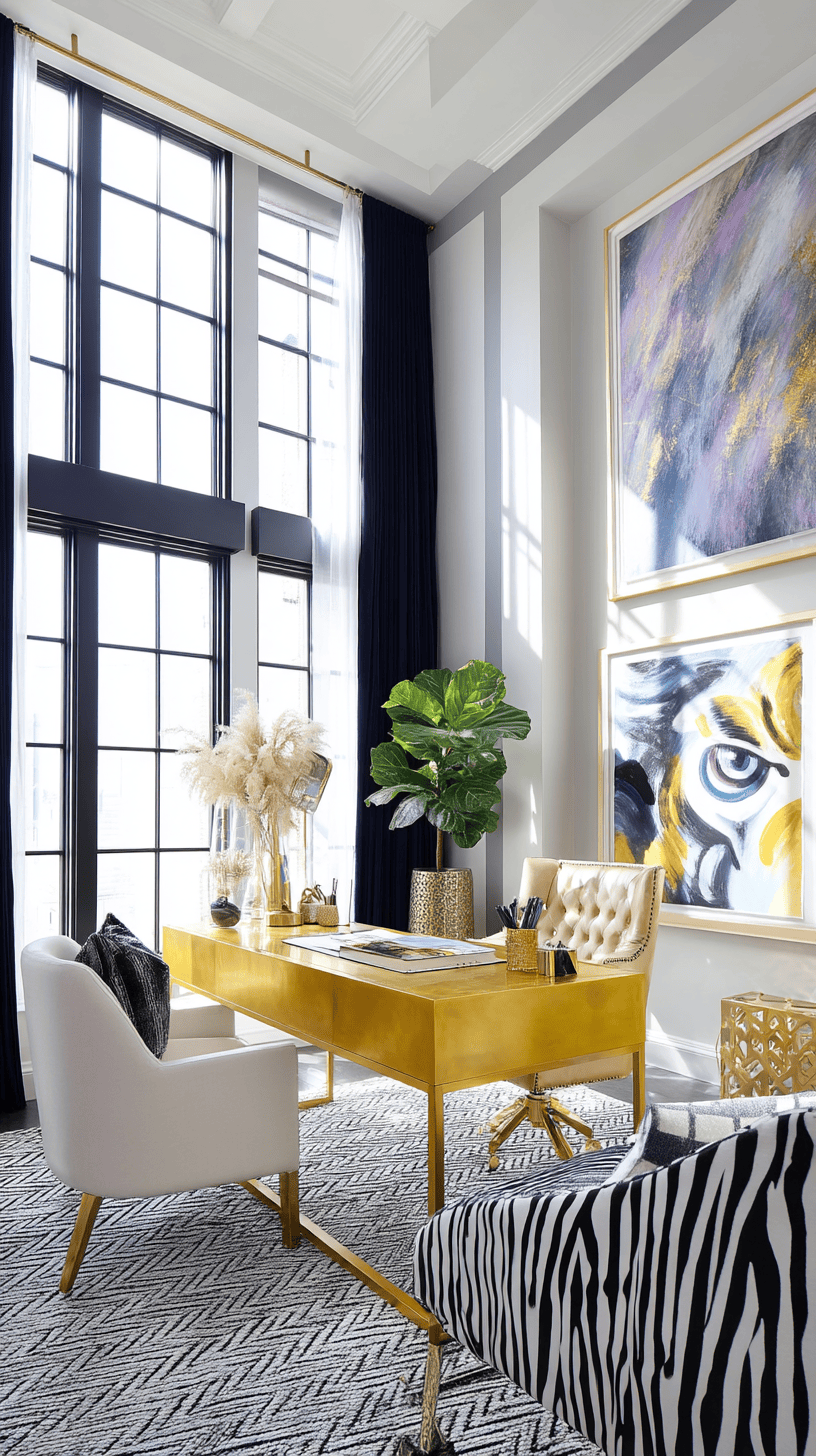 A home office with a prominent gold desk, tufted leather chair, two large framed paintings on the wall, and a large window.