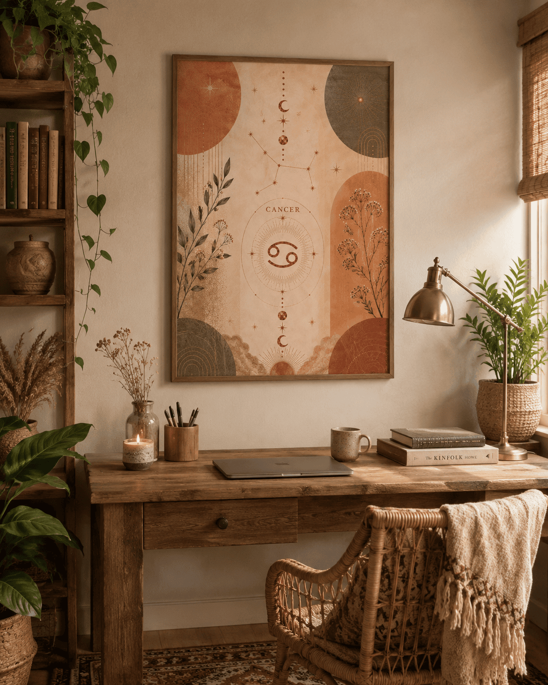 Decorative wall art with abstract shapes, botanical elements, and a zodiac sign constellation hanging above a wooden desk.
