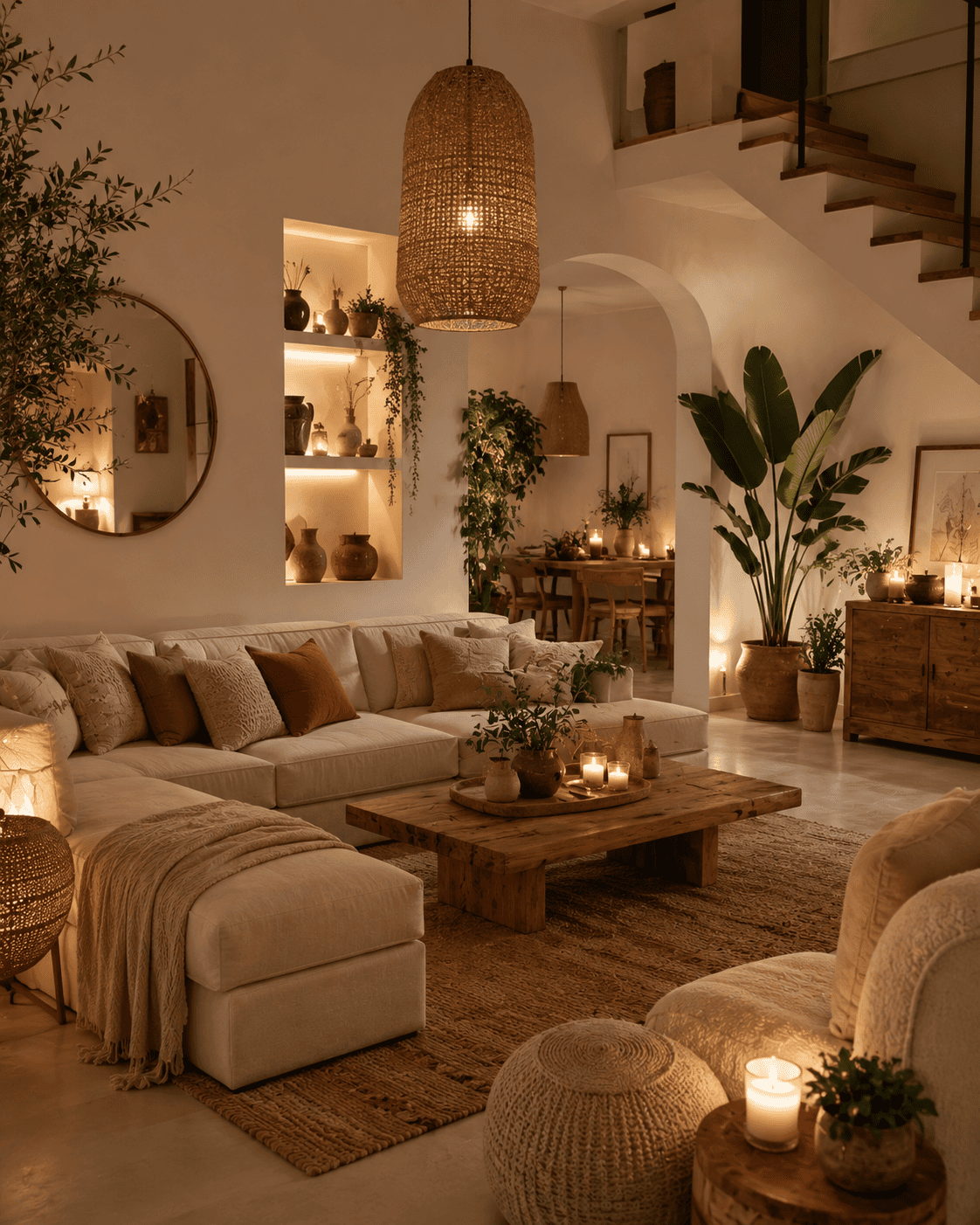 Living room with sectional sofa, woven rugs, and wooden coffee table, lit by warm ambient lighting from lamps and candles.