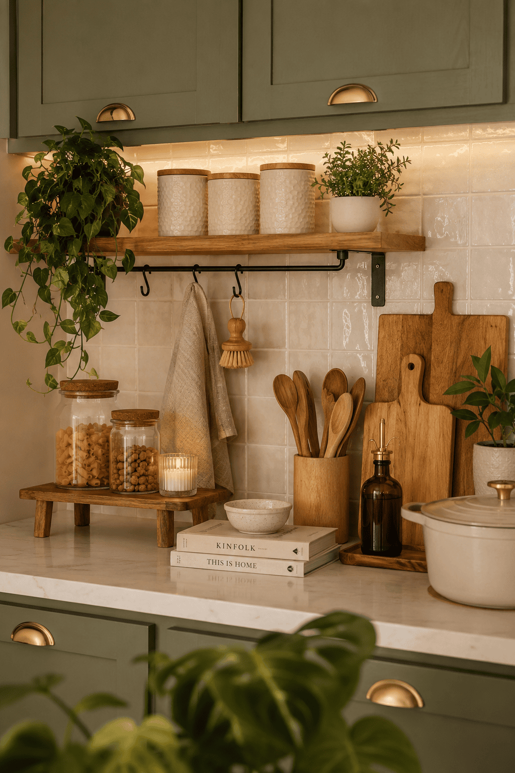 Kitchen counter with light green cabinets, marble countertop, and open wood shelving.