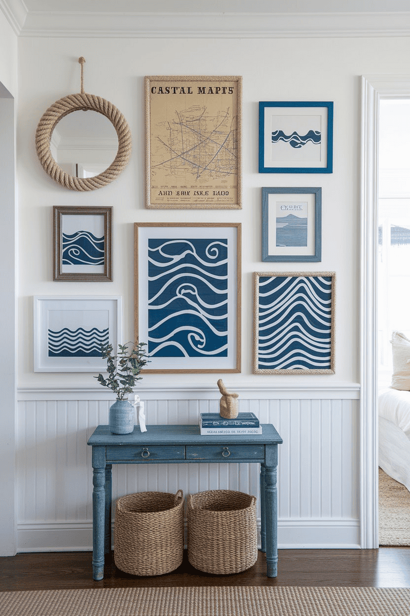 A gallery wall features framed wave illustrations, a map, and a round mirror with a thick rope frame hung above a distressed…