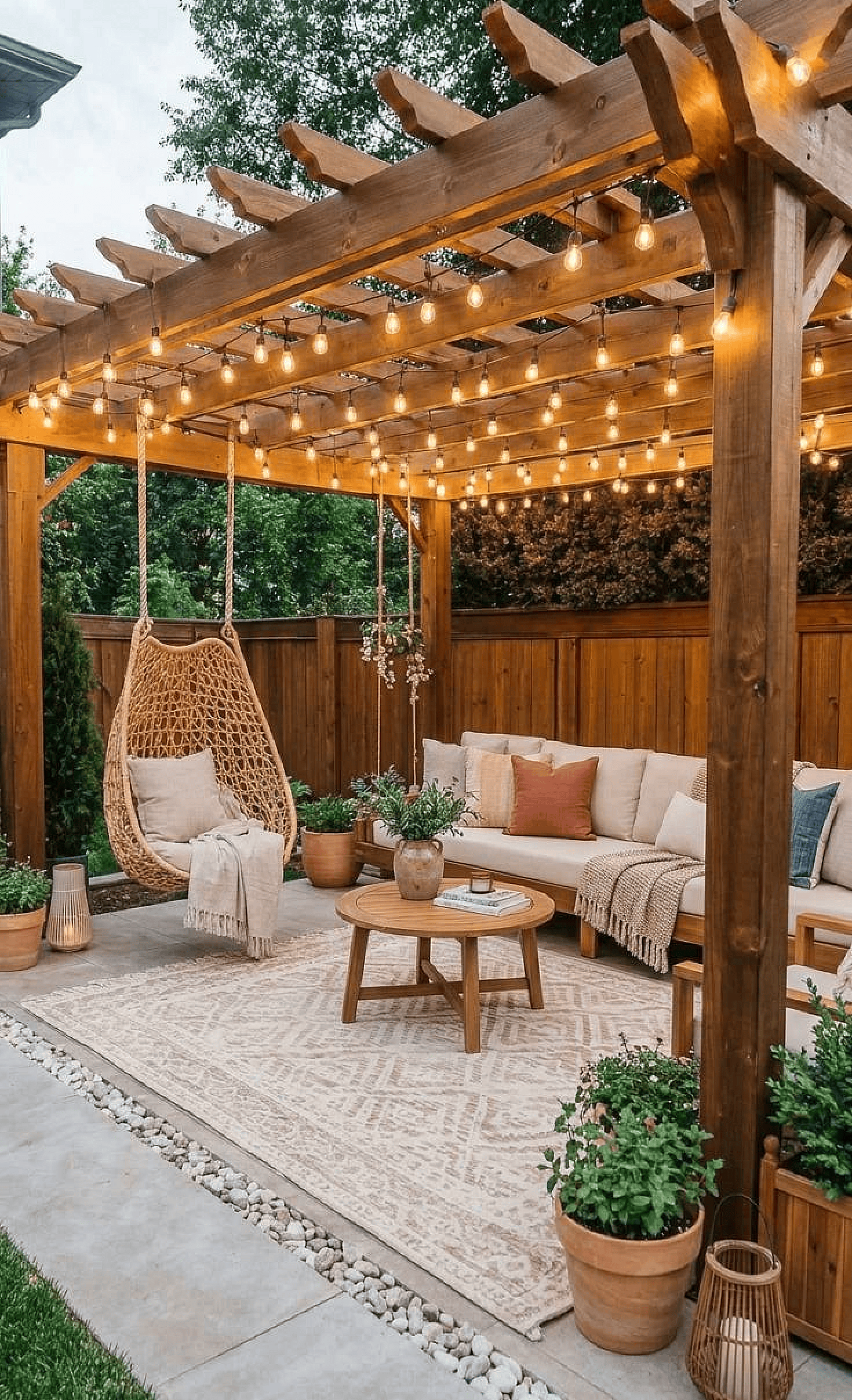 Pergola with string lights over a patio with outdoor sofa and hanging egg chair, and potted plants