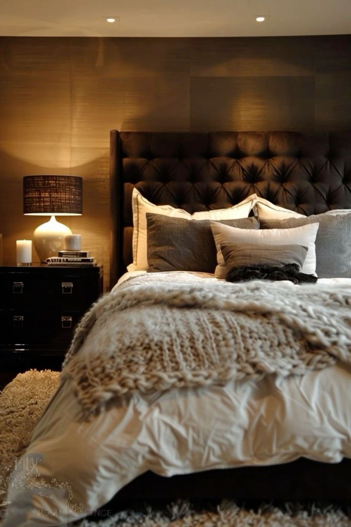 Bedroom with a dark tufted headboard, soft white bedding, a chunky knit throw, and a glowing table lamp.