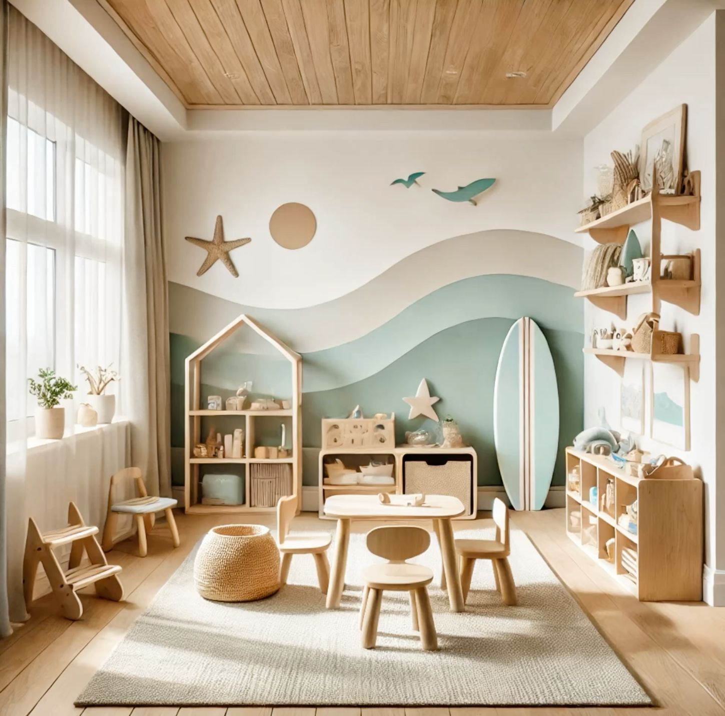 A child's playroom decorated with a mural of blue and green waves on the wall, wooden furniture, and a surfboard.