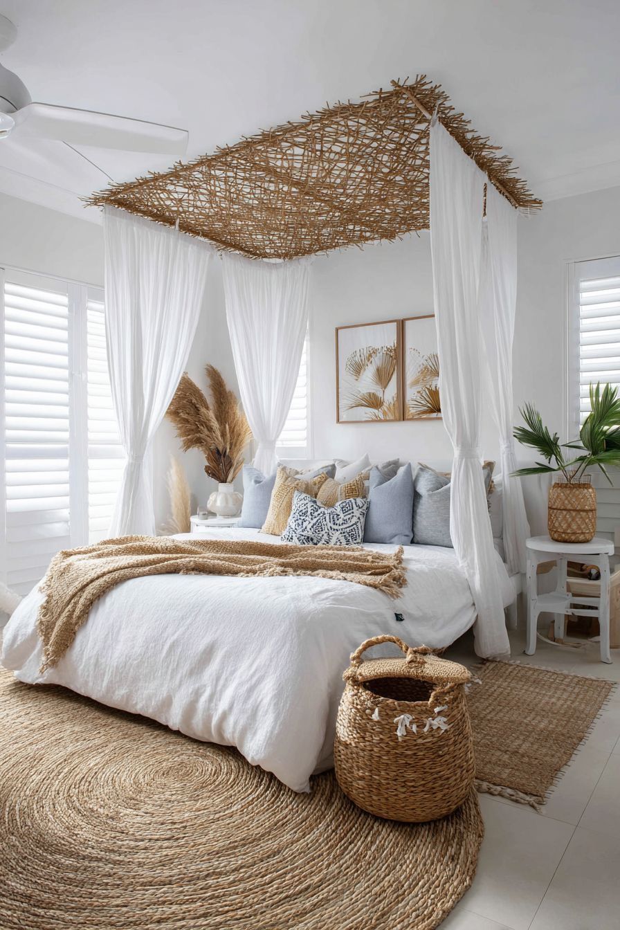 A bedroom with white walls and shutters, a bed with a white duvet and light brown throw, light blue and patterned pillows…
