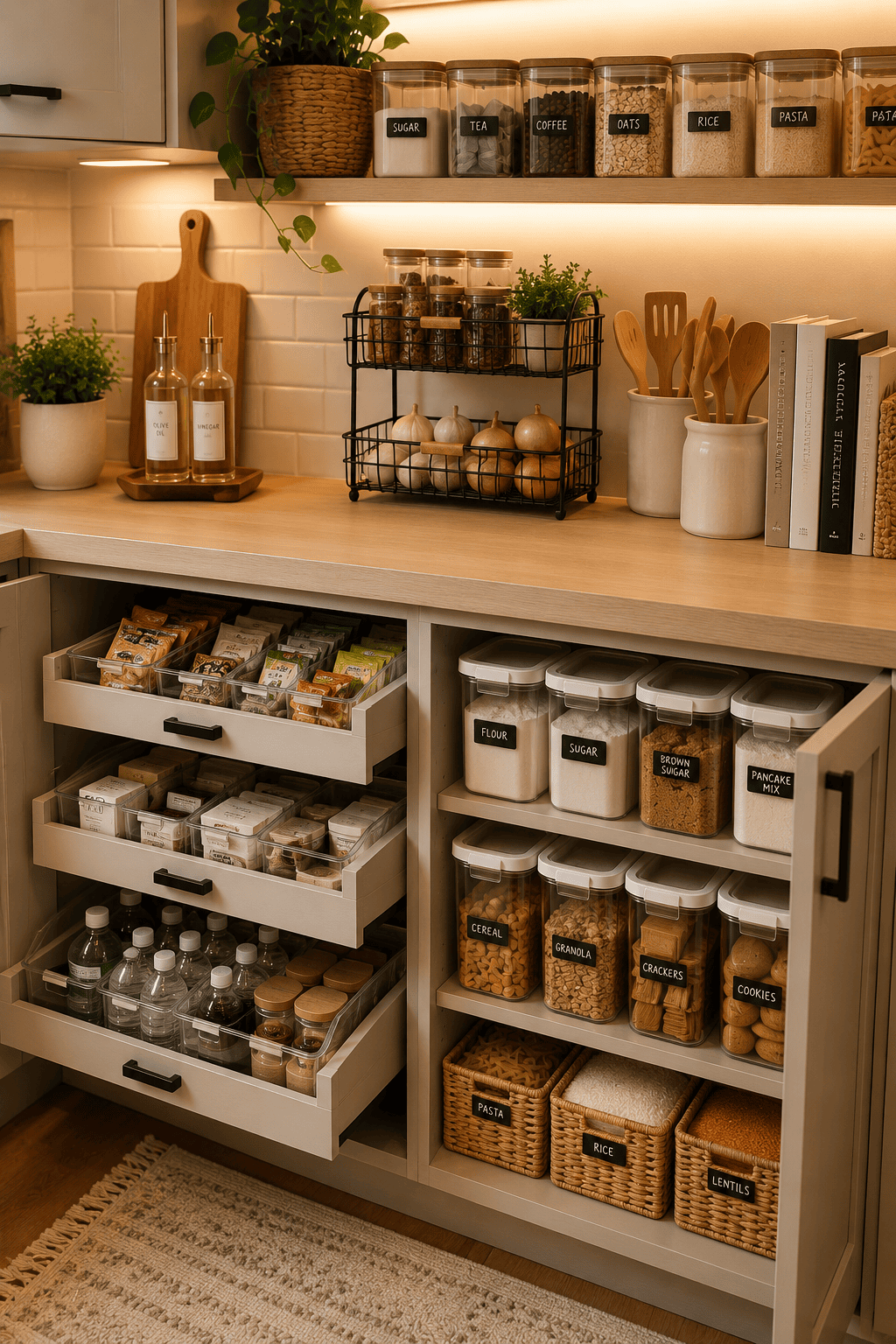 Kitchen pantry with organized shelves and pull-out drawers. Clear containers hold various dry goods, each labeled.