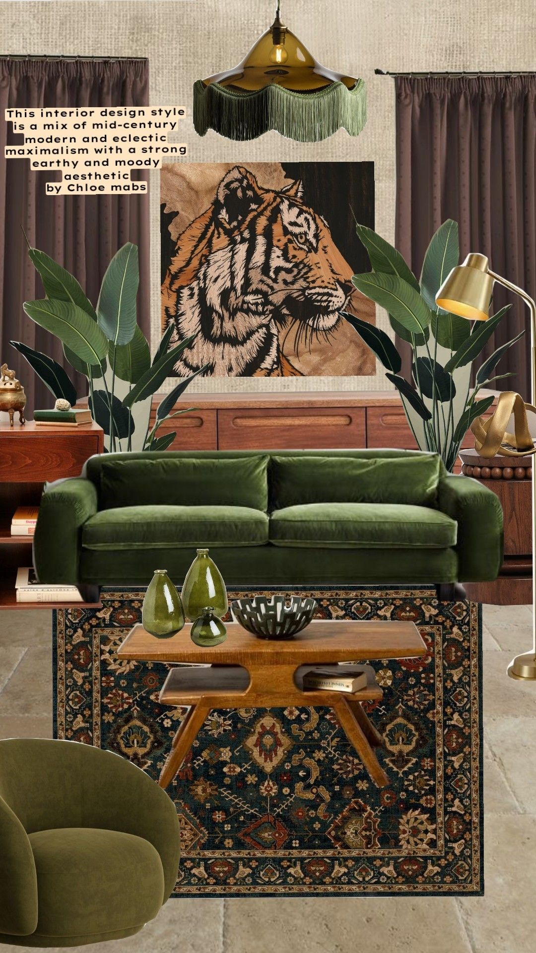 A living room showcasing dark green velvet sofa, patterned rug, wooden furniture, and tropical plants.