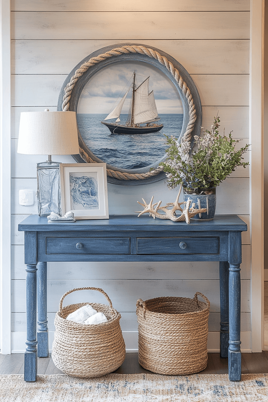 Blue console table with a large round framed sailboat picture and two woven baskets underneath