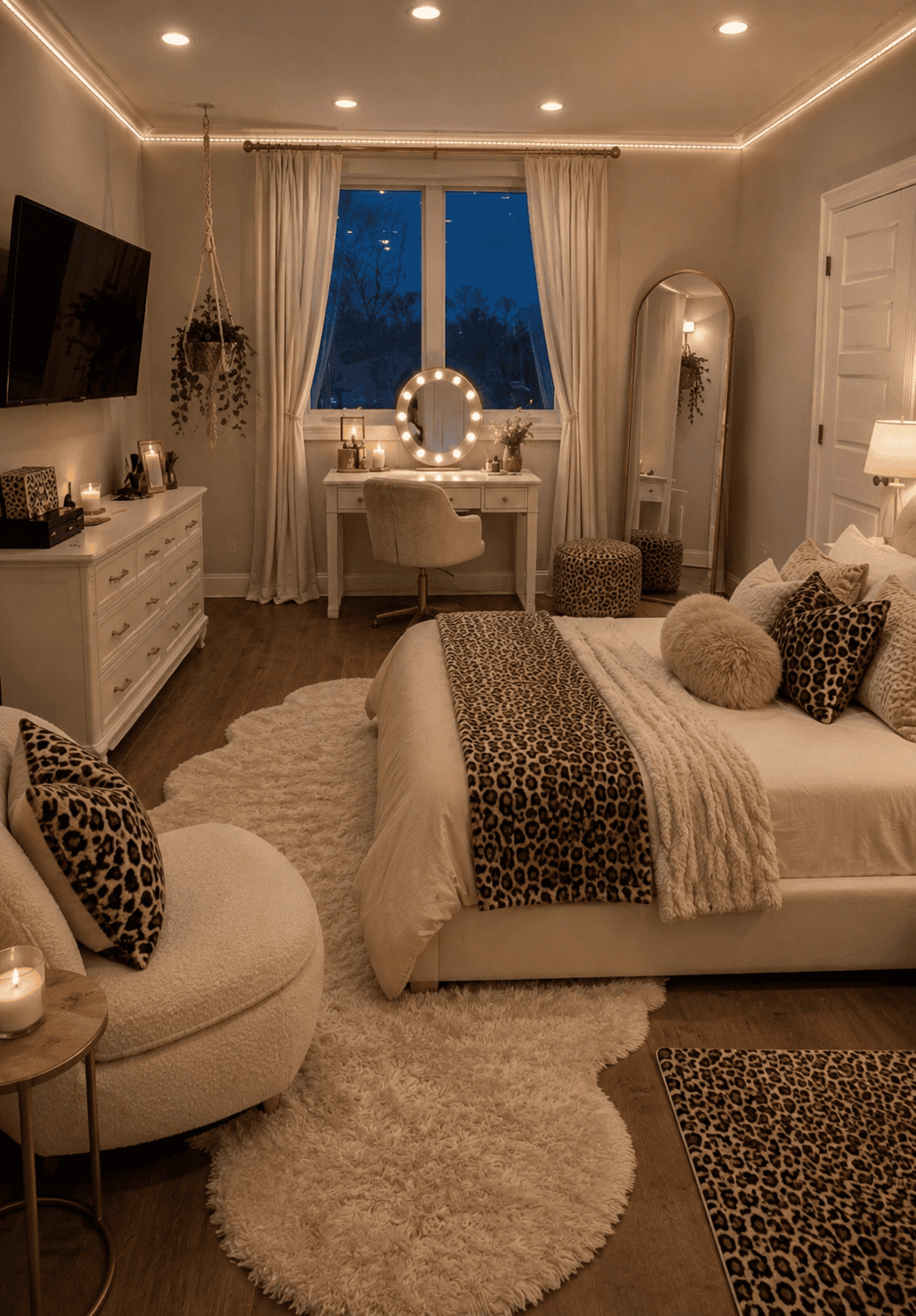 Bedroom decorated with leopard print throw and pillows, faux fur rug, and a vanity with a lighted mirror.